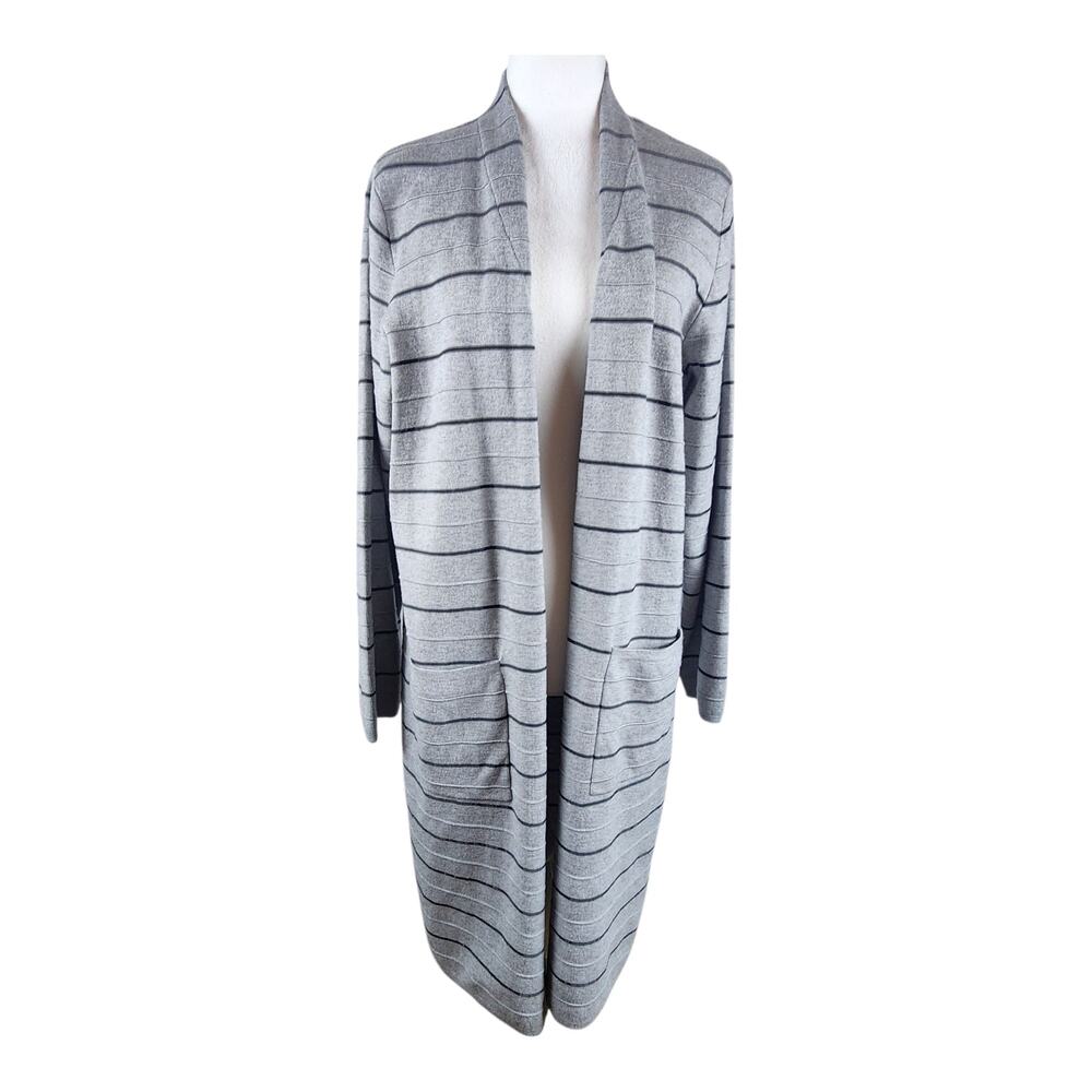 Tahari Gray Striped Long Open Cardigan Sweater Pockets Size Large